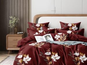 182.Tycoon Collection Poly-Cotton Premium Bedsheet — Deep Maroon Floral Tree-Print 108x108 (1+2 Set)