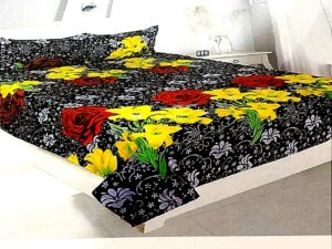 123.Najakat-Poly-Cotton Premium Floral Bedsheet - Vibrant Black Base with Yellow & Red Blooms | Meenysa Neil