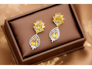 62.Luxury White Gold Plated Earrings with American Diamonds & Deep Yellow Glass Stones – Designer Party & Wedding Jewelry