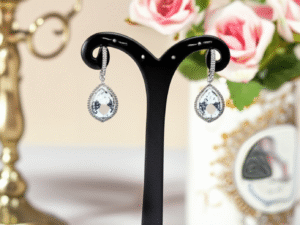 41.White Gold Plated Earrings – Glamorous Transparent Glass Stone Dangle Jewelry for Women