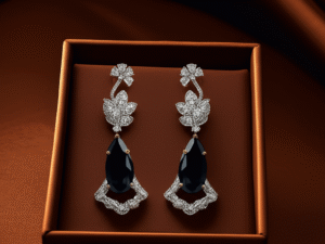 75.Exquisite Midnight Bloom White Gold Plated American Diamond & Blue Teardrop Dangle Earrings