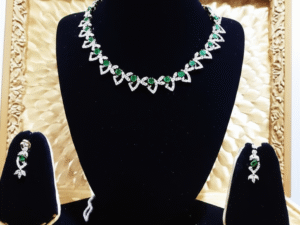 101.White Gold Plated Necklace & Earrings Set with American Diamonds & Green Stones – Elegant Party & Bridal Jewelry