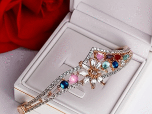 26.Rose Gold Bracelet adorned with premium American Diamonds and vibrant multi-colour glass stones – Designer Women’s Jewelry