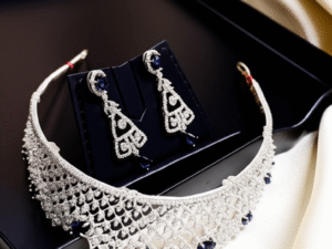 10.Luxury White Gold-Plated Choker Necklace Set with American Diamonds & Dark Blue Glass Stones | Premium Bridal & Party Wear Jewelry