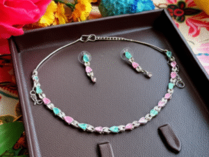 White Gold Plated Necklace Set with American Diamonds