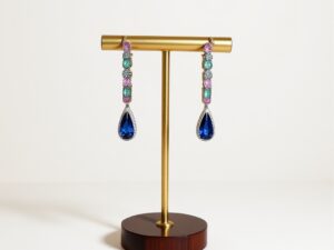 76.White Gold Plated Dangling Earrings with American Diamonds & Blue Glass Stones – Premium Multi-Coloured Party Jewelry