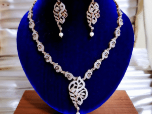 19.Rose Gold Plated American Diamond Necklace Set with Earrings – Elegant Party & Wedding Fashion Jewellery for Women