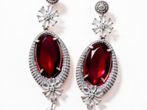 74.White Gold Plated Oval Earrings with American Diamonds & Red Glass Stones – Elegant Party Jewelry