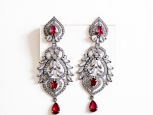 73.White Gold Plated Earrings with American Diamonds & Red Glass Stones – Luxury Party Wear Jewelry