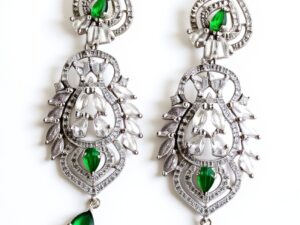 72. White Gold Plated American Diamond Earrings with Green Glass Stones – Designer Party & Wedding Jewelry for Women