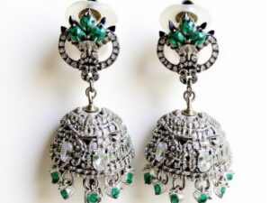 71. Elegant Polki & Emerald With White Gold Plated American Diamond Jhumka Earrings - Designer Indian Jewellery for Women