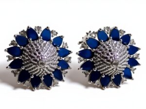 68.Blue Floral Stud Earrings with White American Diamonds – Elegant Party Jewelry for Women
