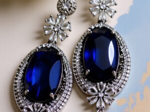 67. Royal Blue Oval Stone Drop Earrings with Diamond Accents – Elegant Party Wear Jewelry