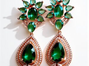 65.Rose Gold Plated Earrings with Green Glass Stones & White American Diamonds – Luxury Party Jewelry