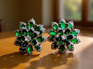 59. White Gold Plated Earrings with Green Crystal Stones | Elegant Floral Design