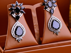 63.Stunning White Gold-Plated Earrings with American Diamonds & Deep Blue Glass Stones | Designer Statement Jewelry