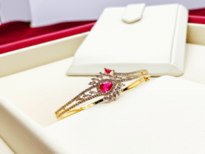 29.Rose Gold Bracelet with American Diamonds & Red Glass Stone – Elegant Designer Bangle