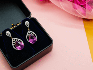 Exquisite White Gold Plated American Diamond & Amethyst Teardrop Earrings