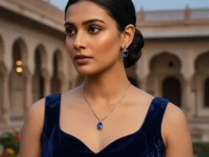 87.Sparkling Deep Blue American Diamond Pendant & Earrings Set | Exquisite White Gold Plated Jewelry