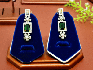 Deep Green Glass Stone White Gold Plated Earrings